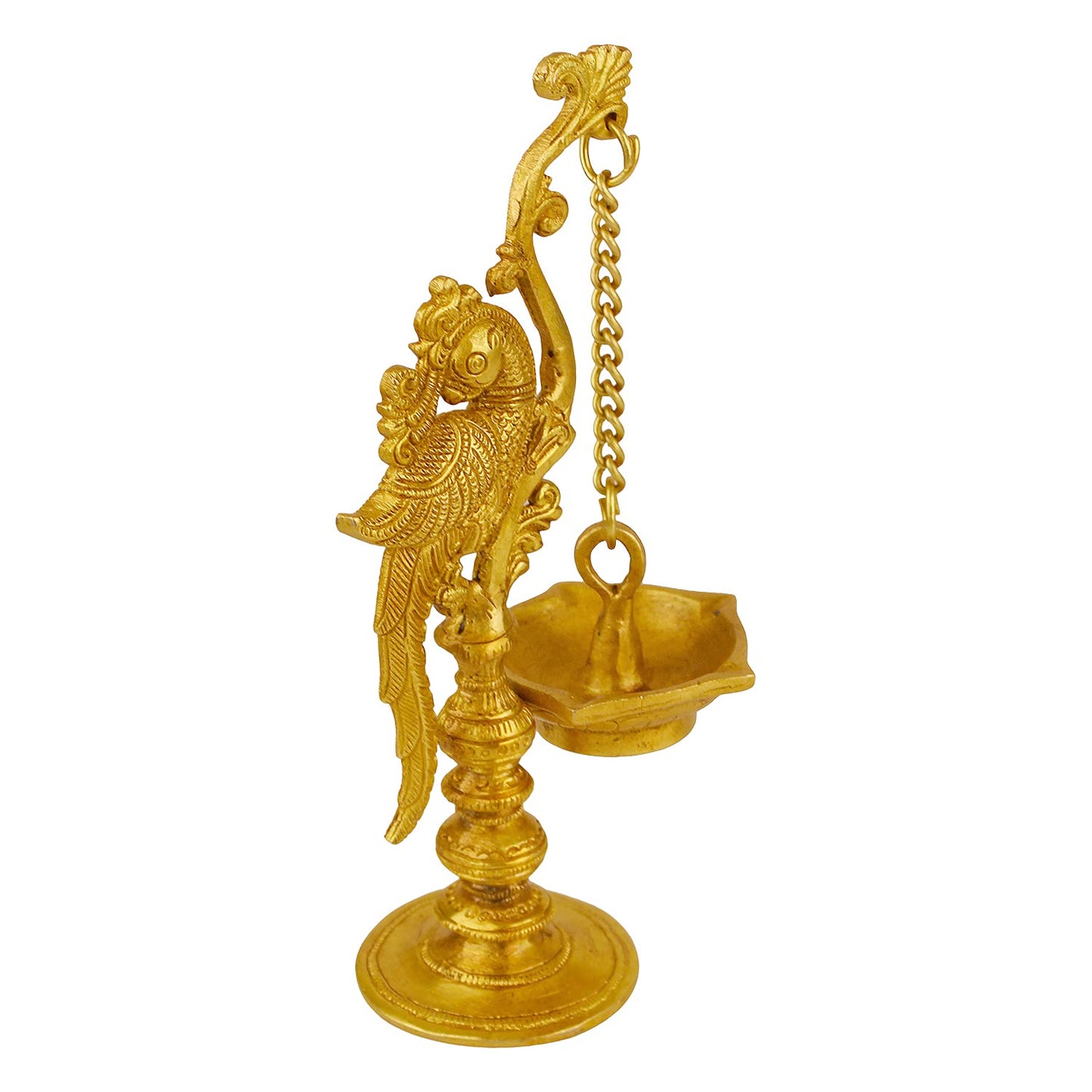 9 Inch Gold Color Brass Parrot Diya with Long Chain: Small Size, Ideal for Home Temple