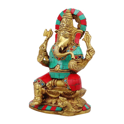 Brass Sitting Ganesha Idol In Multicolor Height 6.5 Inch Weight 1.6 Kg - SvarupArt