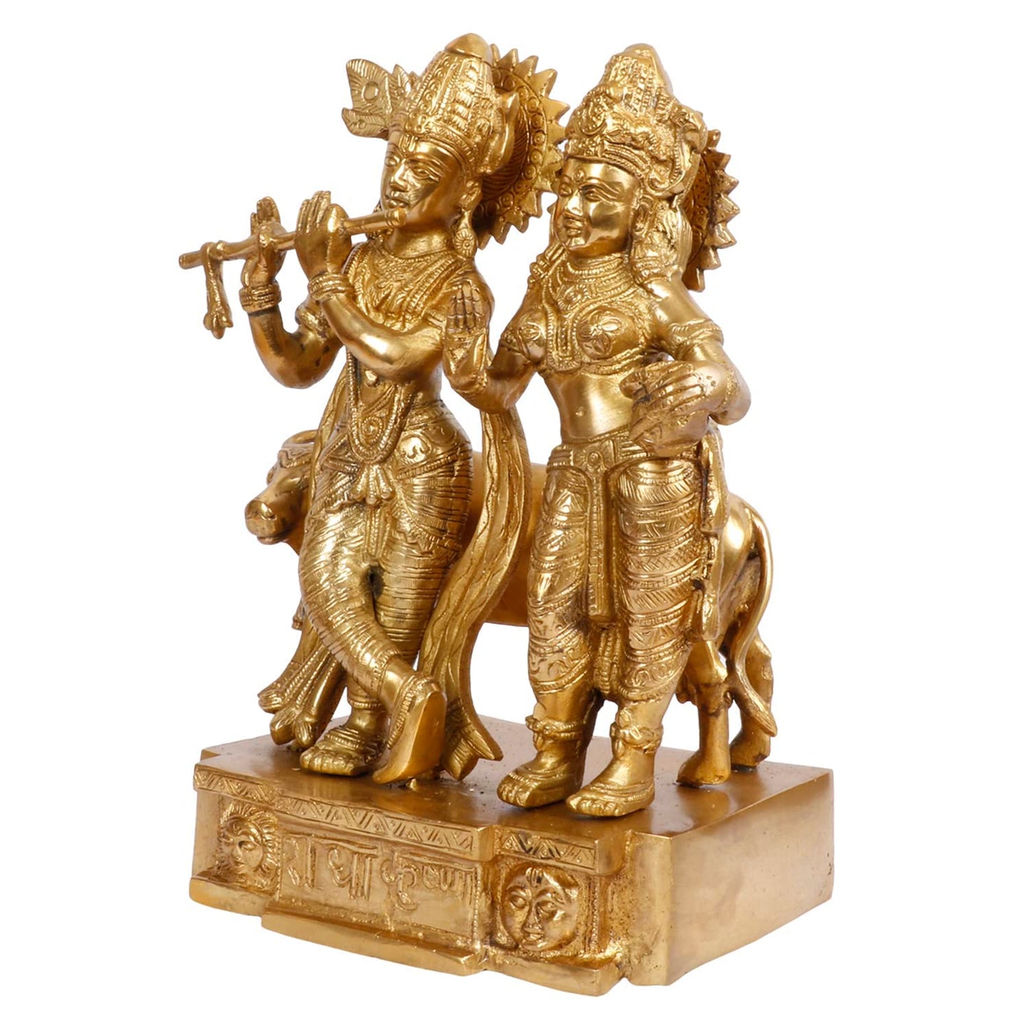 Brass Radha Krishna Murti with Gau Mata in Gold Color Height 11.5 Inch - SvarupArt