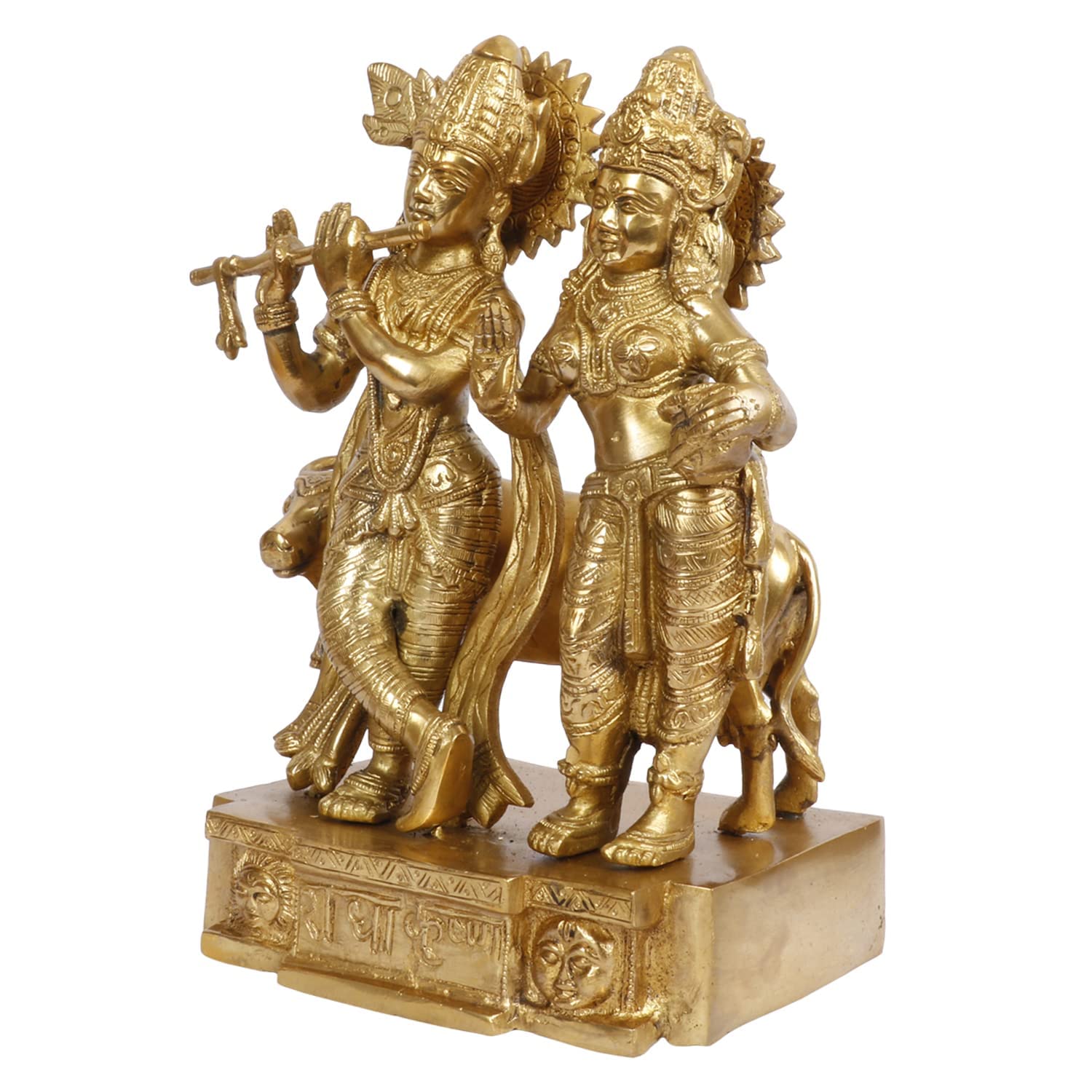 Brass Radha Krishna Murti with Gau Mata in Gold Color Height 11.5 Inch - SvarupArt