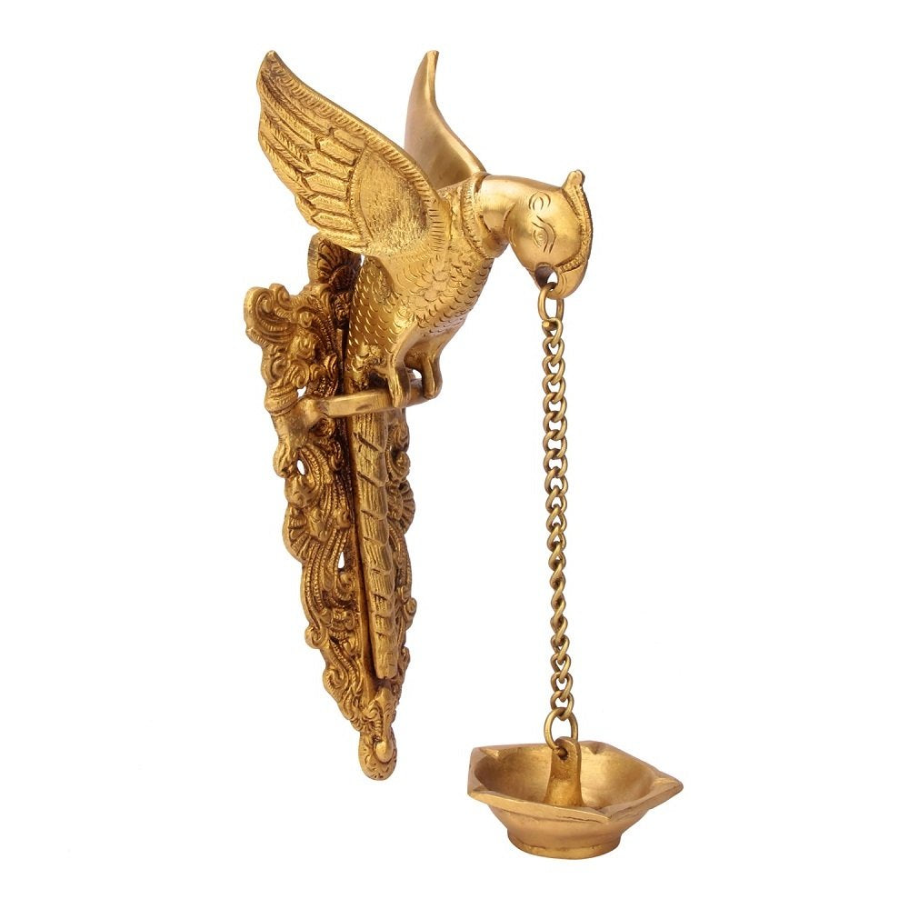 Brass Metal Diya for Home Entrance Decor Puja Room Parrot Hanging Chain Oil Lamp Wall Deepak Showpiece - SvarupArt