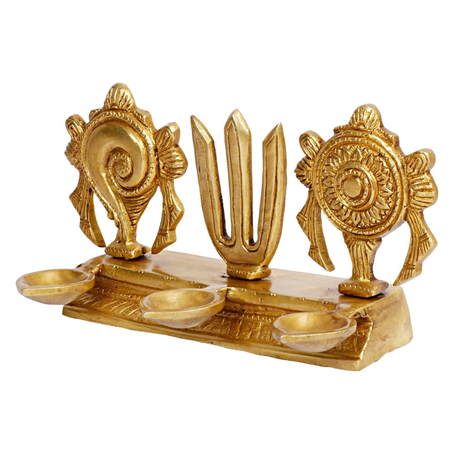 4.25 Inch Brass Shankh Chakra Namah Diya: Gold Color - SvarupArt