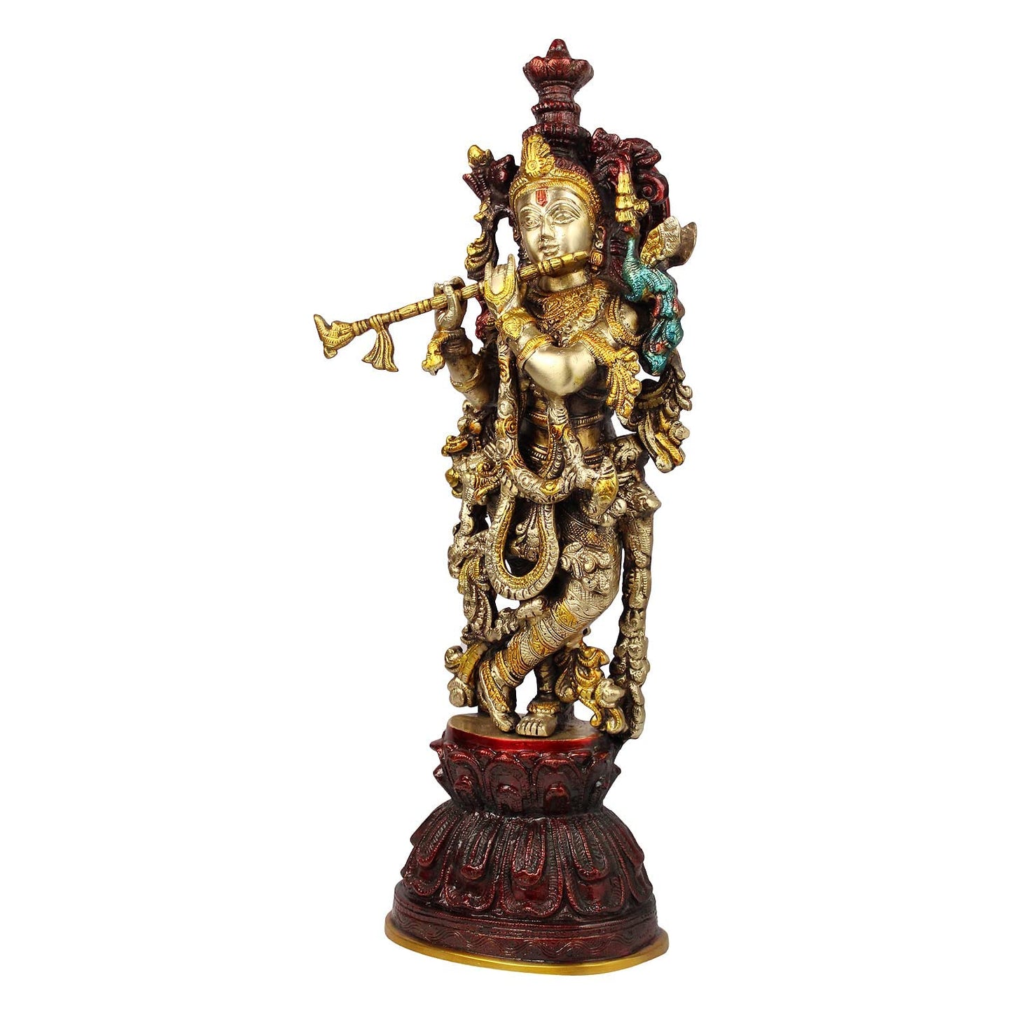 Brass Krishna Murti in Antique Gold Color Height 21 Inch - SvarupArt