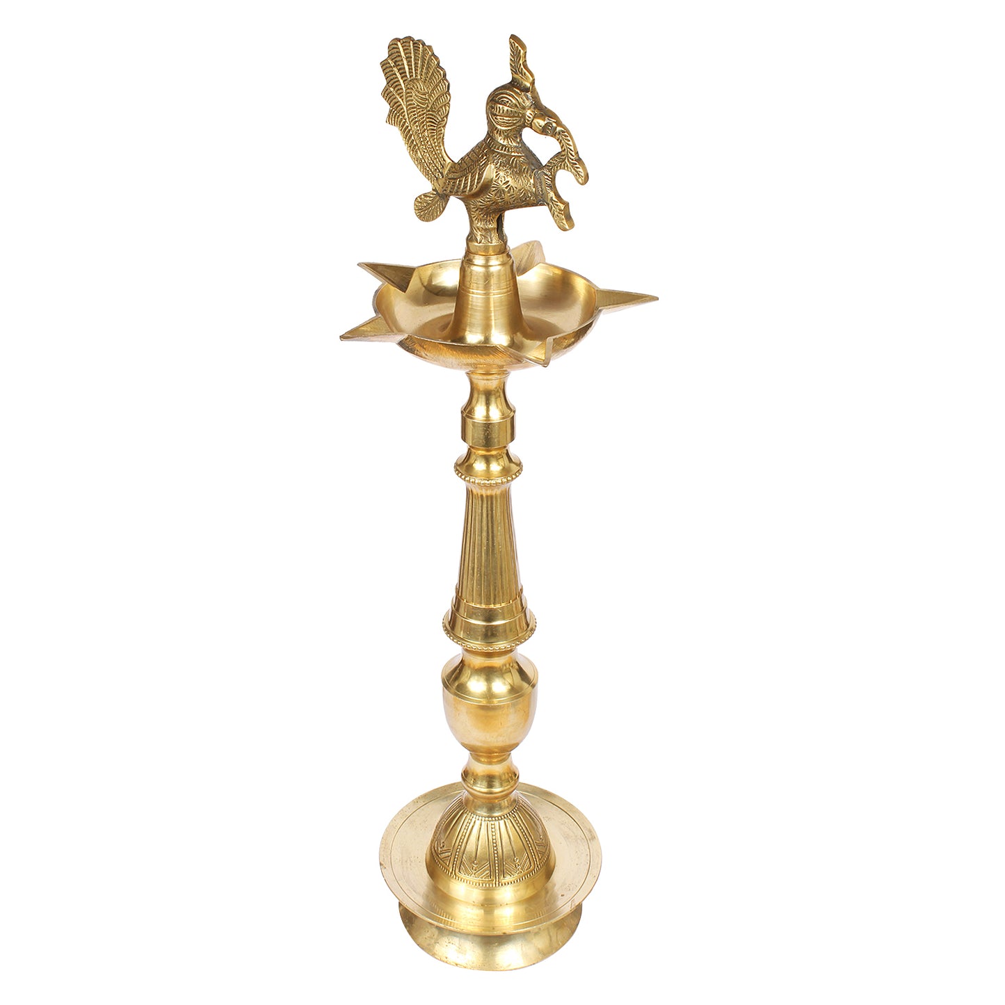 Brass Peacock Puja Lamp: Traditional 30 Inch Kuthu Vilakku for Entrance & Mandir Decor, Gold Color Color, Large Size