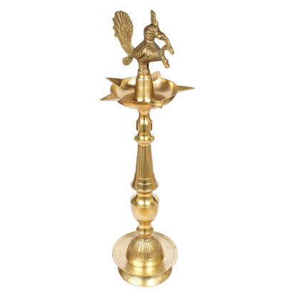 Brass Peacock Puja Lamp: Traditional 30 Inch Kuthu Vilakku for Entrance & Mandir Decor, Gold Color Color, Large Size