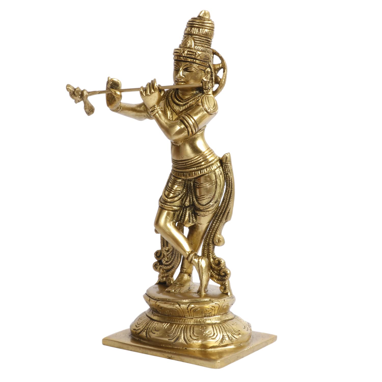Brass Krishna Bhagwan Murti in Gold Color Height 10 Inch - SvarupArt