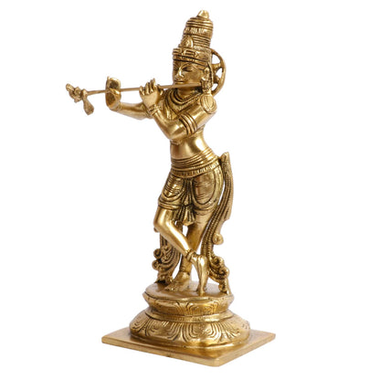 Brass Krishna Bhagwan Murti in Gold Color Height 10 Inch - SvarupArt