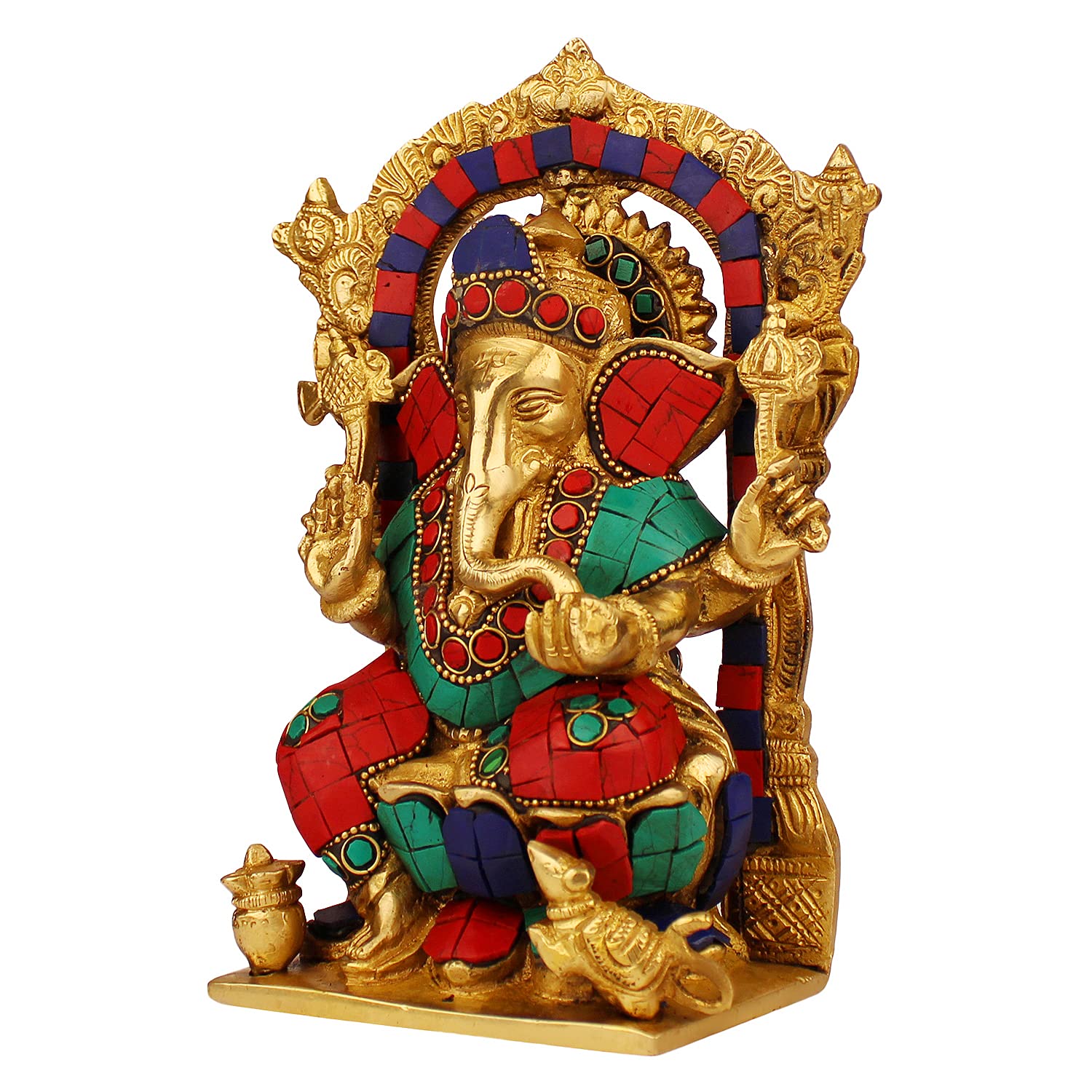 Brass Sitting Ganesha Idol In Multicolor Height 5.5 Inch Weight 2.2 Kg - SvarupArt