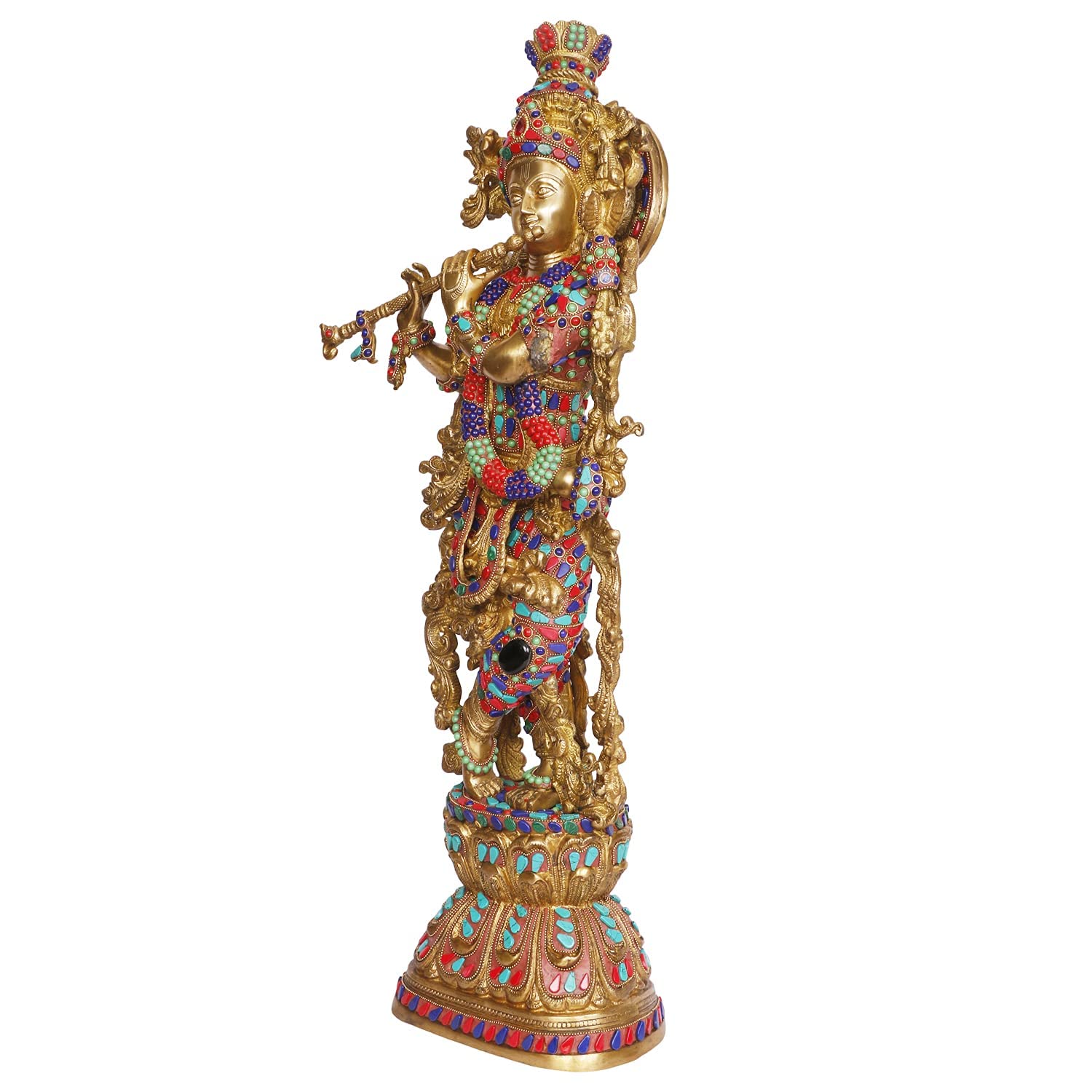 Brass Krishna Bhagwan Murti playing Flute in Multicolor Height 29 Inch - SvarupArt