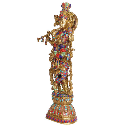 Brass Krishna Bhagwan Murti playing Flute in Multicolor Height 29 Inch - SvarupArt
