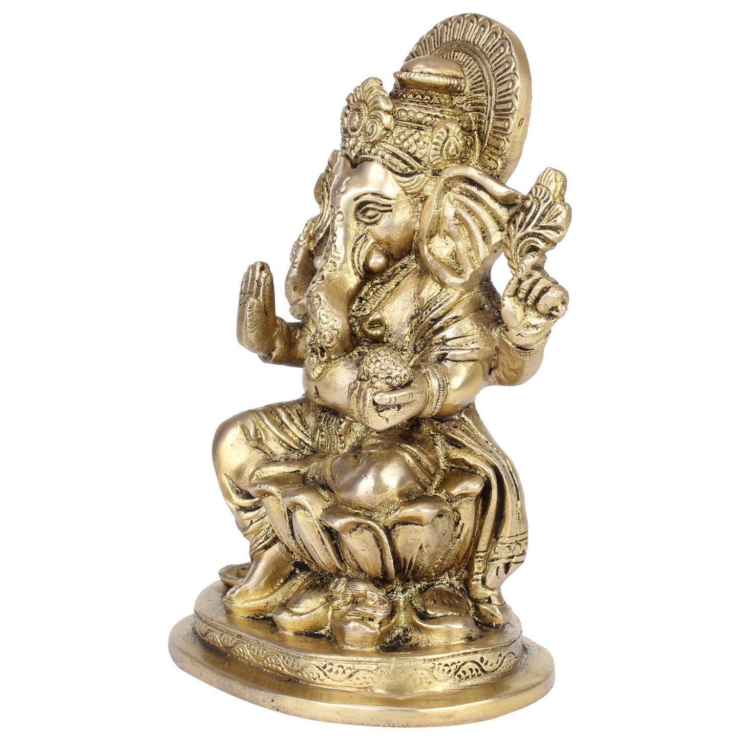 Brass Sitting Ganesha Idol In Gold Color Height 7.5 Inch Weight 1.9 Kg - SvarupArt