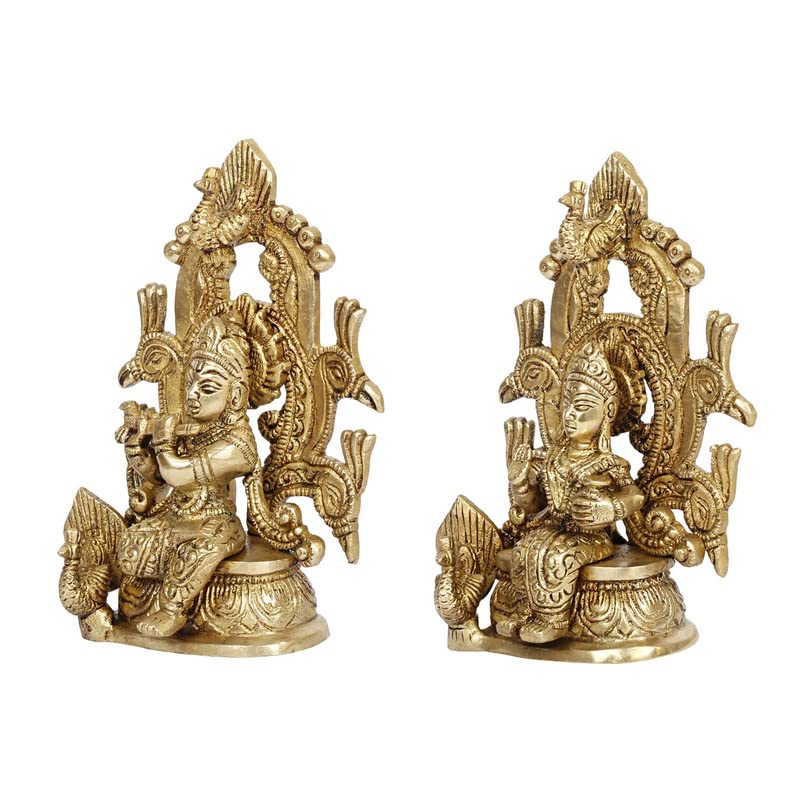Brass Radha Krishna Murti on Singhasan in Gold Color Height 6 Inch - SvarupArt