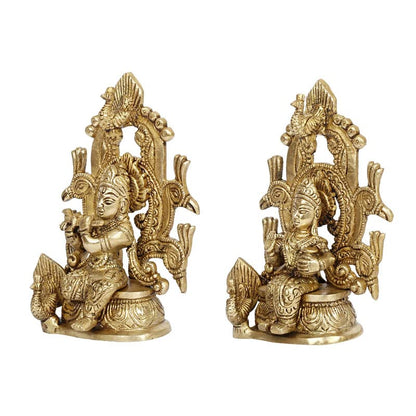 Brass Radha Krishna Murti on Singhasan in Gold Color Height 6 Inch - SvarupArt