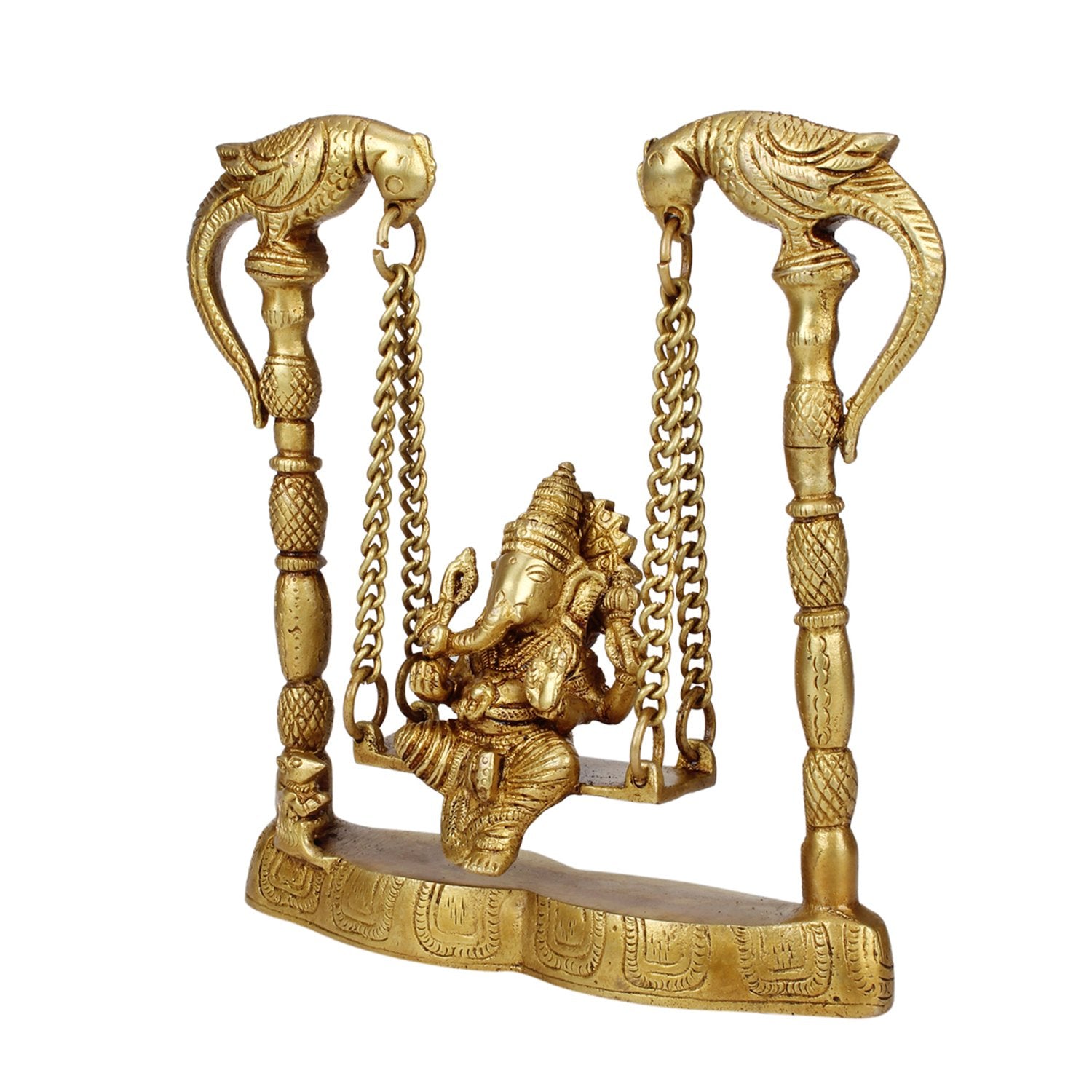 Brass Jhula Ganesha Idol In Gold Color Height 5 Inch Weight 1 Kg - SvarupArt