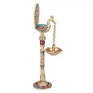 Brass Diya Hanging from Peacock Beak with Multicolored Stone Work: A beautifully decorated and colorful diya - SvarupArt