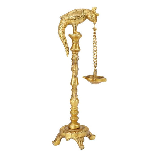 11.5 Inch Brass Diya with Chain Hanging from Peacock Beak: Traditional Oil Diya with Base, Suitable for Home Decor - SvarupArt