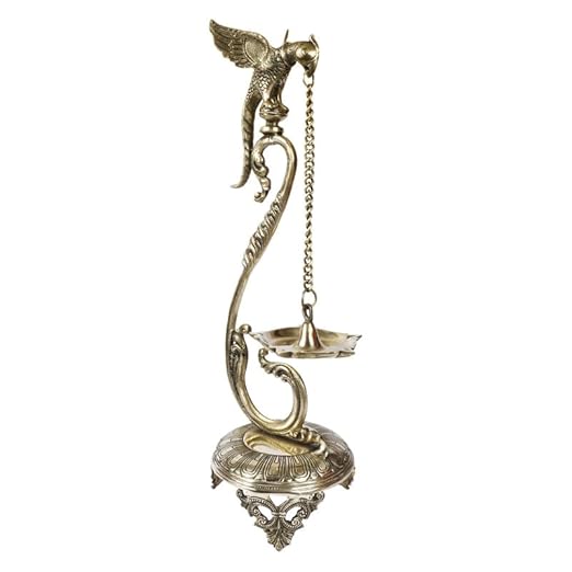 24 Inch Gold Color Brass Parrot Long Chain Oil Lamp Diya: Perfect for Home Temple - SvarupArt