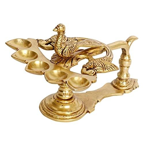 8 Inch Gold Color Brass Heavy Panch Arti Diya: Featuring a Peacock Handle and Five Diyas in One - SvarupArt