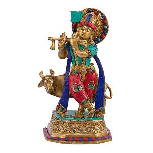 Brass Shri Krishna Idol with Cow Kishan Bhagwan Murti Lord Krishna Cow Statue with Flute Big Size Height 9.7 Inch - SvarupArt