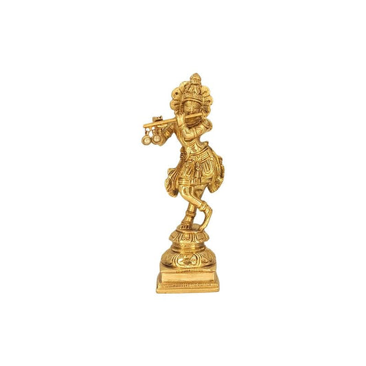 Brass Krishna Murti Playing Flute in Gold Color Height 6 Inch - SvarupArt