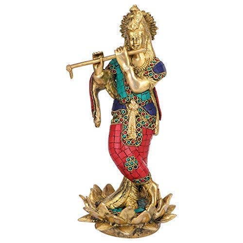 Brass Krishna Bhagwan Idol Murli Kishan Playing Bansuri Standing on Lotus For Gift Home Decor Height 11 Inch - SvarupArt