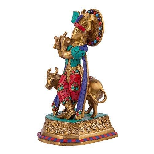 Brass Shri Krishna Idol with Cow Kishan Bhagwan Murti Lord Krishna Cow Statue with Flute Big Size Height 9.7 Inch - SvarupArt