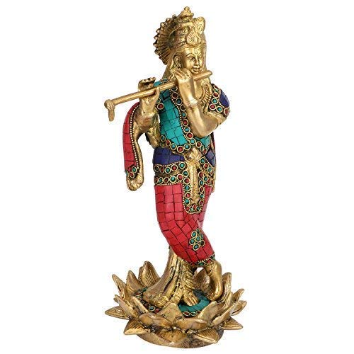 Brass Krishna Bhagwan Idol Murli Kishan Playing Bansuri Standing on Lotus For Gift Home Decor Height 11 Inch - SvarupArt
