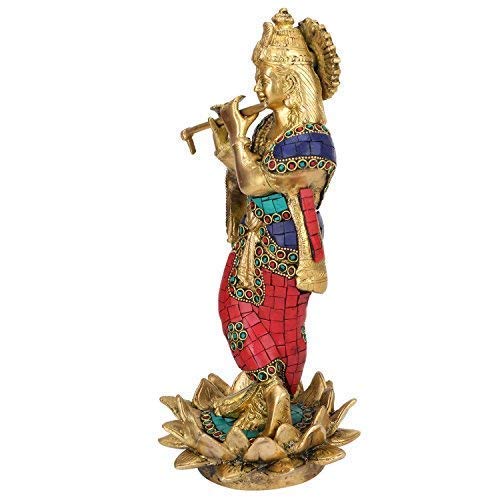 Brass Krishna Bhagwan Idol Murli Kishan Playing Bansuri Standing on Lotus For Gift Home Decor Height 11 Inch - SvarupArt