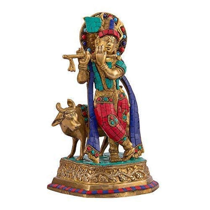 Brass Shri Krishna Idol with Cow Kishan Bhagwan Murti Lord Krishna Cow Statue with Flute Big Size Height 9.7 Inch - SvarupArt