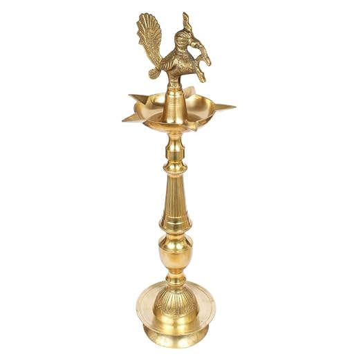 Brass Peacock Puja Lamp: Traditional 30 Inch Kuthu Vilakku for Entrance & Mandir Decor, Gold Color Color, Large Size