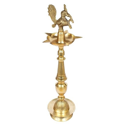 Brass Peacock Puja Lamp: Traditional 30 Inch Kuthu Vilakku for Entrance & Mandir Decor, Gold Color Color, Large Size