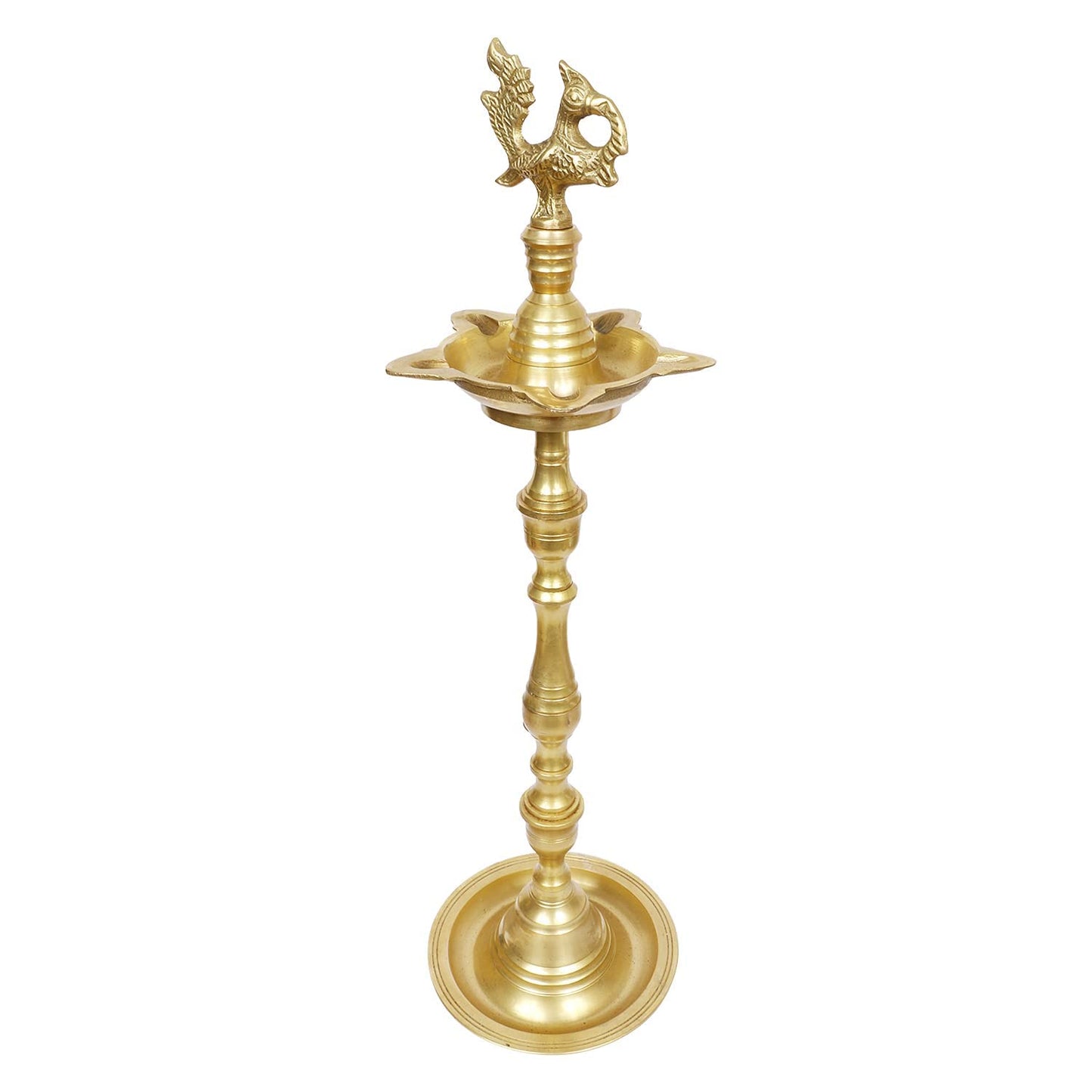 Brass Peacock Puja Lamp with Multi Slot: Traditional Kuthuvilakku (Kuthu Vilakku) Ornamental Lamp - SvarupArt