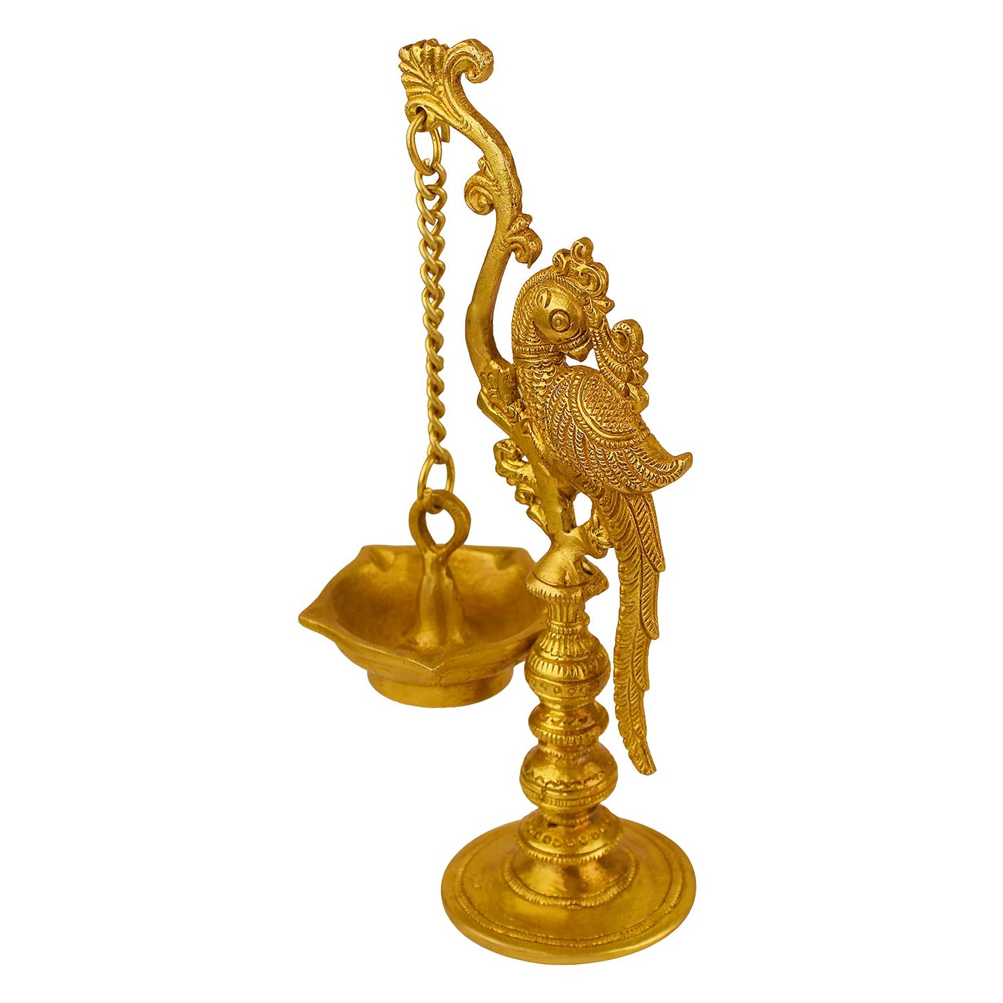 9 Inch Gold Color Brass Parrot Diya with Long Chain: Small Size, Ideal for Home Temple