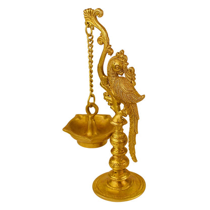 9 Inch Gold Color Brass Parrot Diya with Long Chain: Small Size, Ideal for Home Temple