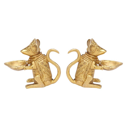 Brass Ganesha Rat Diya Oil Lamp Pair: Home Decor, Vastu Gift, Diwali Puja - SvarupArt