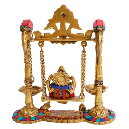 Brass Jhula Ganesha Idol In Multicolor Height 8 Inch Weight 2.2 Kg - SvarupArt