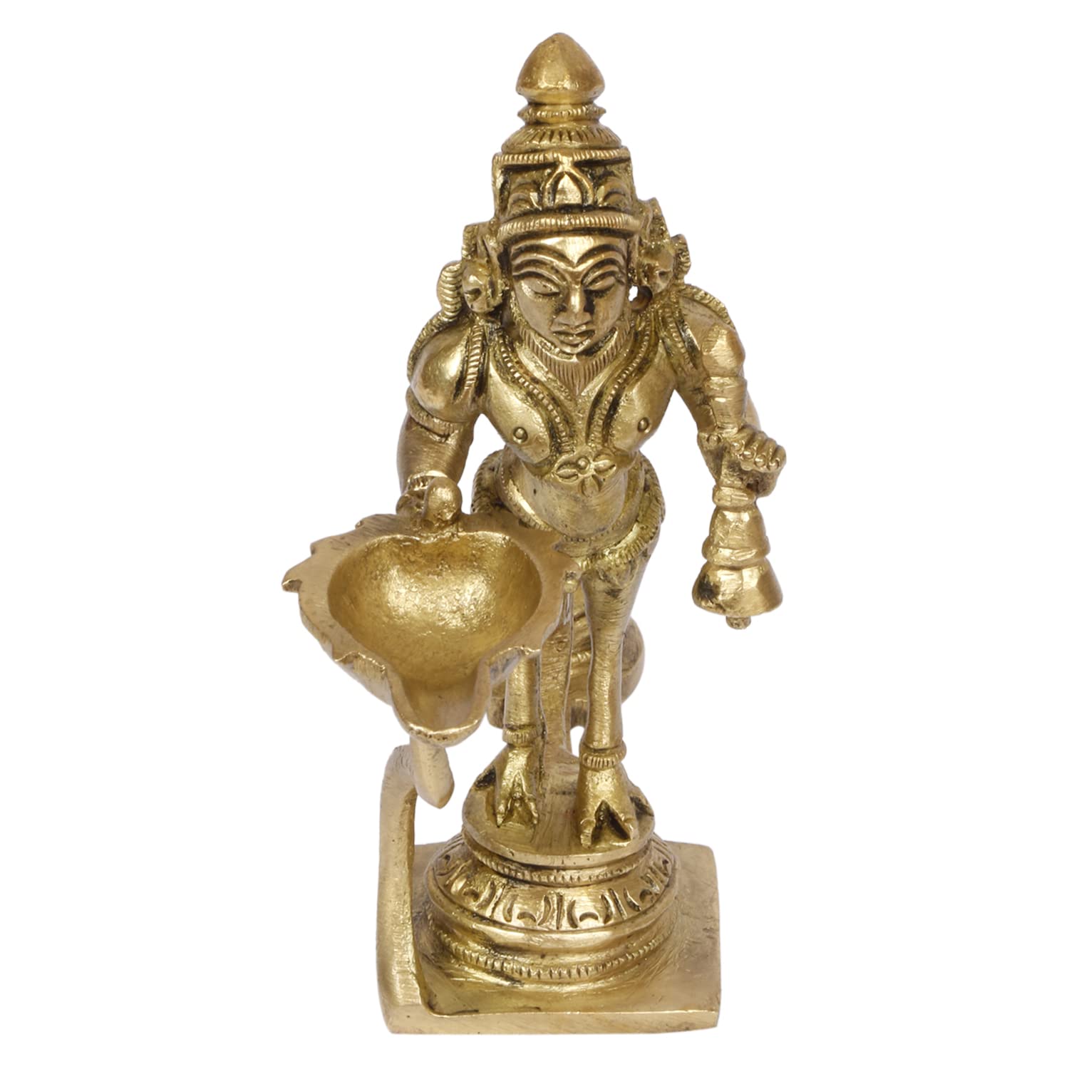 4.5 Inch Gold Color Brass Brahma Aarti Deepak with Handle: Can be used as Camphor Burner, Handheld Arti Diya for Puja. - SvarupArt
