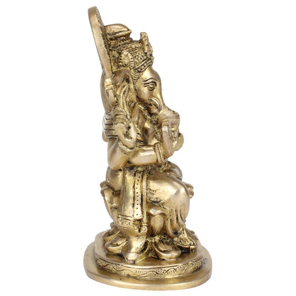 Brass Sitting Ganesha Idol In Gold Color Height 7.5 Inch Weight 1.9 Kg - SvarupArt
