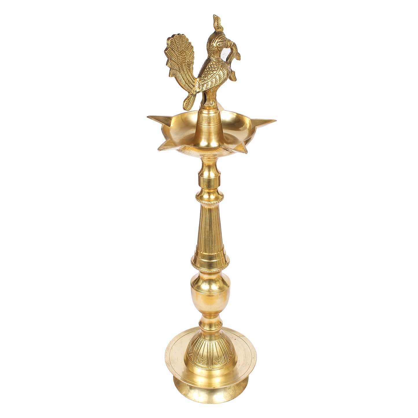 Brass Peacock Puja Lamp: Traditional 30 Inch Kuthu Vilakku for Entrance & Mandir Decor, Gold Color Color, Large Size