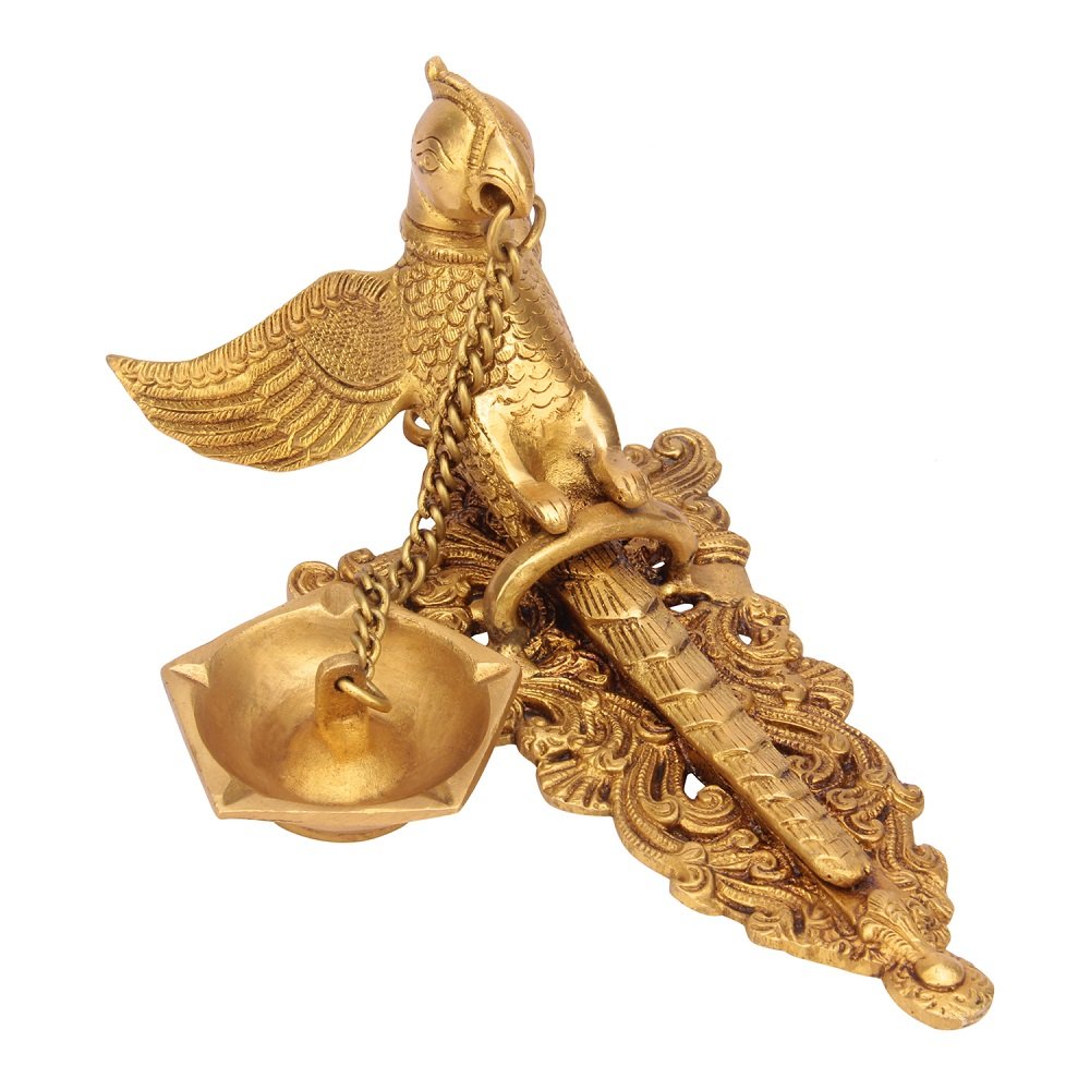 Brass Metal Diya for Home Entrance Decor Puja Room Parrot Hanging Chain Oil Lamp Wall Deepak Showpiece - SvarupArt