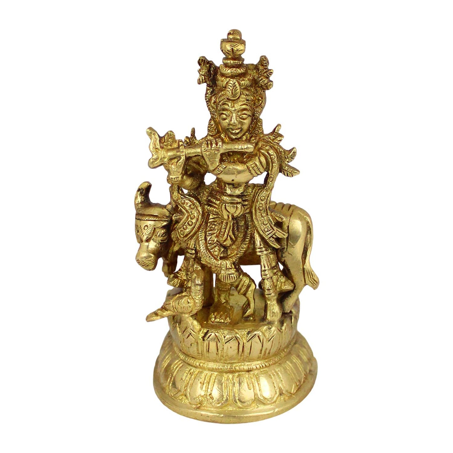 Brass Krishna Bhagwan Idol with Gau Mata in Gold Color Height 4.5 Inch - SvarupArt
