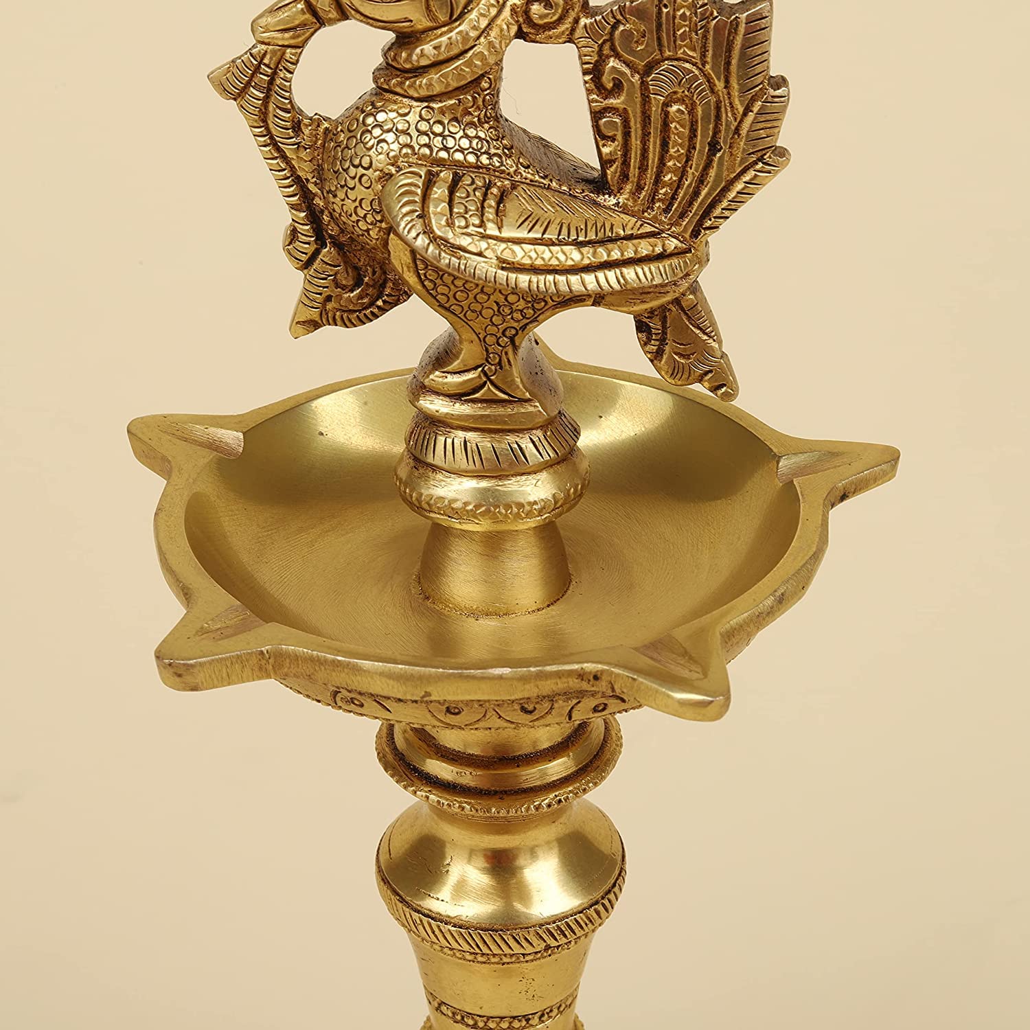 11 Inch Gold Color Brass Peacock Decorative Diya with Stand: Ideal for Home Decoration in the Pooja Room or Mandir - SvarupArt