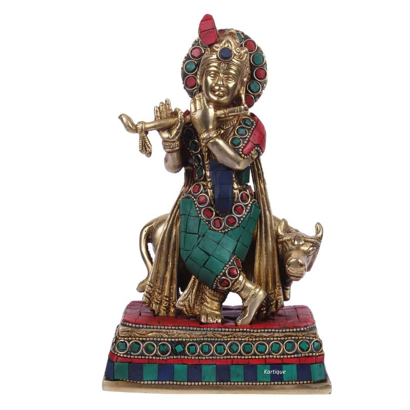 Brass Krishna Bhagwan with Gau Mata in Multi Color Height 8 Inch - SvarupArt