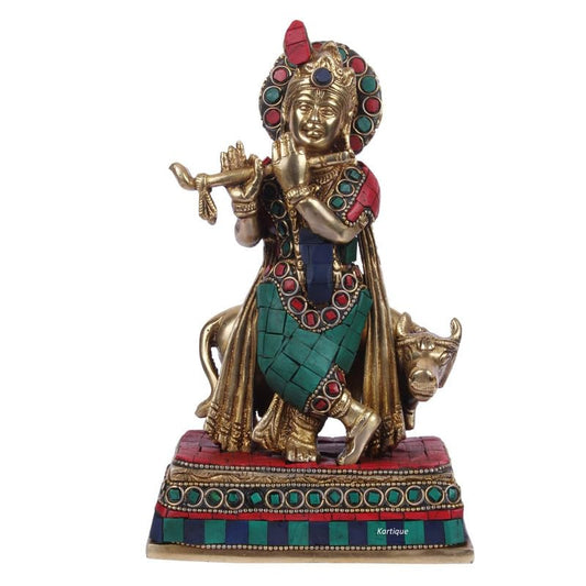 Brass Krishna Bhagwan with Gau Mata in Multi Color Height 8 Inch - SvarupArt