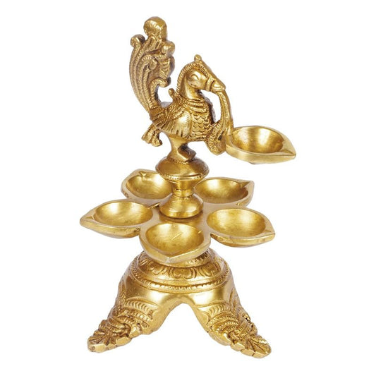 7 Inch Gold Color Brass Peacock Multi Diya Deepam: Perfect for Home Decor - SvarupArt