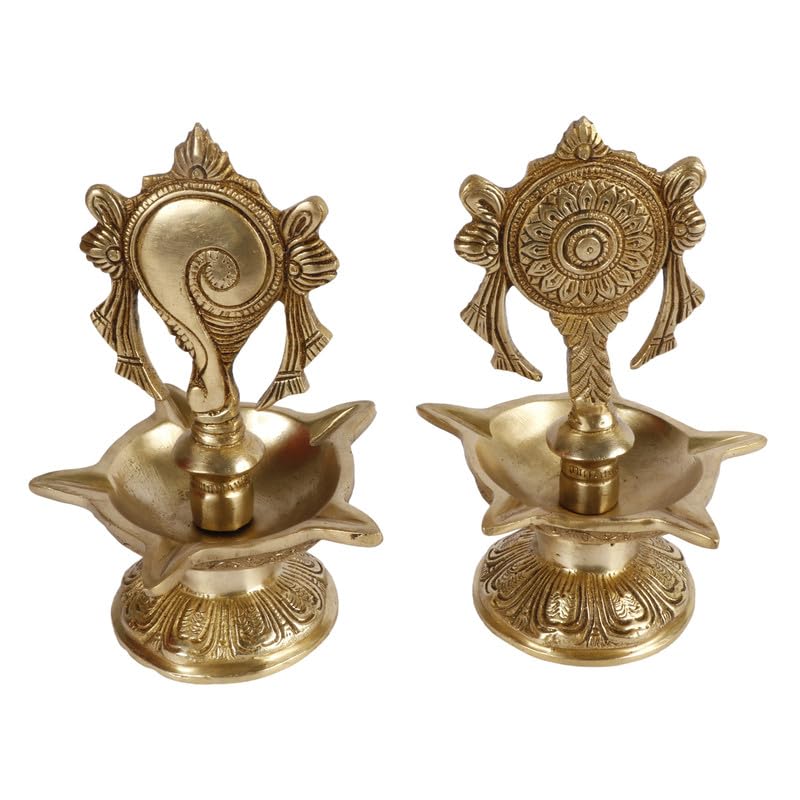 6.5 Inch Gold Color Brass Shankha Chakra Oil Lamp Diya Set: Ideal for Home Temple and Aarti Deepam, in a classic Gold - SvarupArt