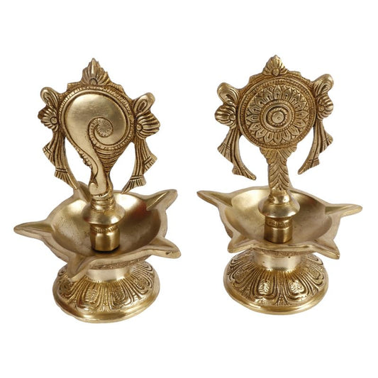6.5 Inch Gold Color Brass Shankha Chakra Oil Lamp Diya Set: Ideal for Home Temple and Aarti Deepam, in a classic Gold - SvarupArt