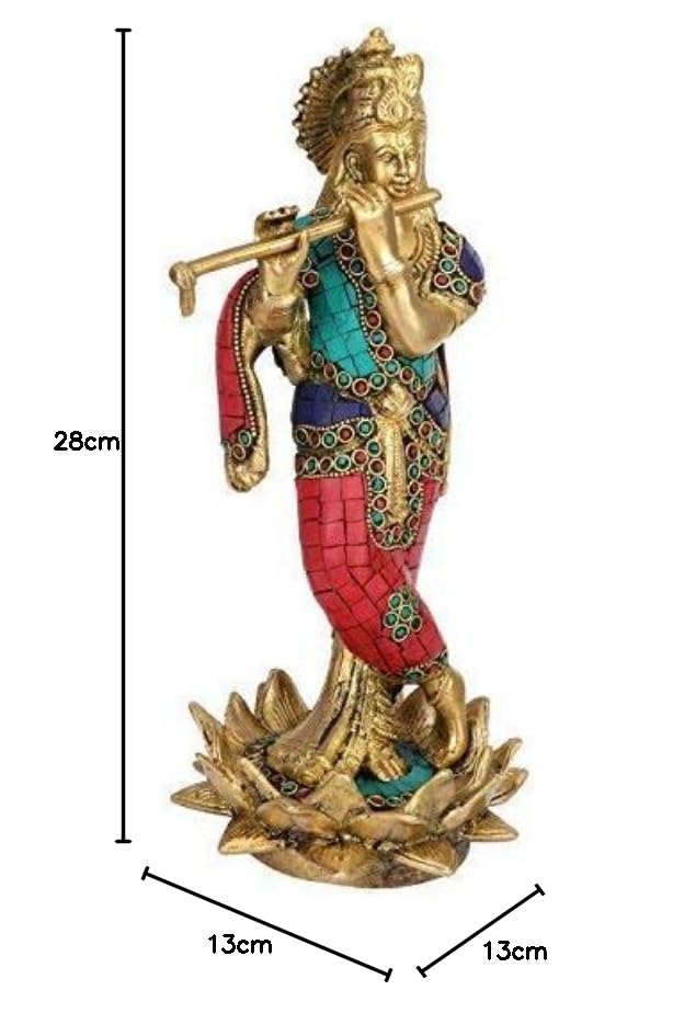 Brass Krishna Bhagwan Idol Murli Kishan Playing Bansuri Standing on Lotus For Gift Home Decor Height 11 Inch - SvarupArt