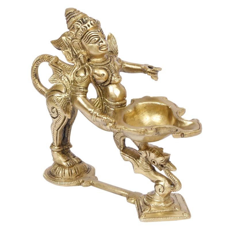 5.5 Inch Gold Color Brass Garuda Aarti Deepak with Handle: Can be used as Camphor Burner, Hand Held Arti Diya for Puja - SvarupArt