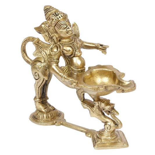 5.5 Inch Gold Color Brass Garuda Aarti Deepak with Handle: Can be used as Camphor Burner, Hand Held Arti Diya for Puja - SvarupArt